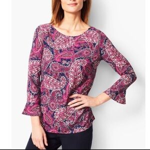 Talbots Paisley Peplum Sleeve Popover Blouse Small Office Workwear 3/4 Sleeve